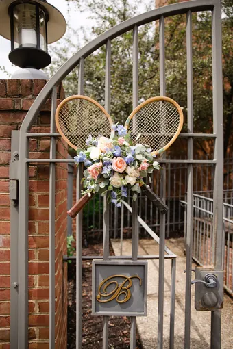 Vintage tennis rackets styled as event decor